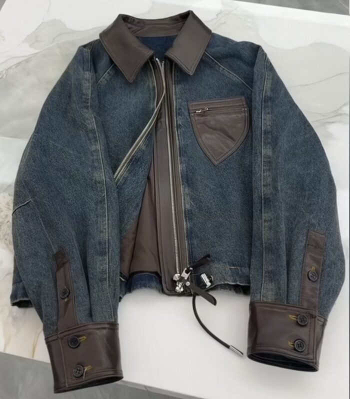 Denim and leather brown jacket